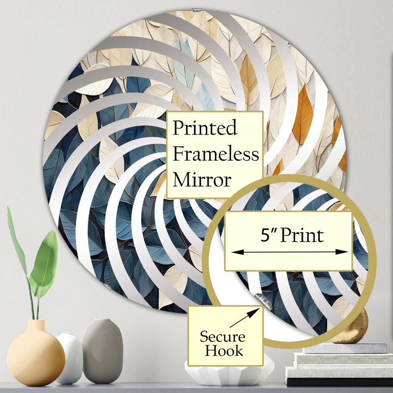 Collage de feuilles de minimalisme beige et bleu - Miroir décoratif Vortex-MIR114847-Rond, 23,6 po x 23,6 po
