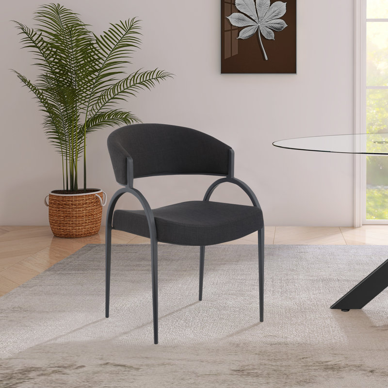17.72'' H Upholstered Metal Armchair, Matte Black, Black Linen Textured Fabric