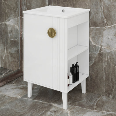 Meuble-lavabo compact de 20 po avec lavabo en céramique, tablette réglable et rangement latéral, poignées demi-lune