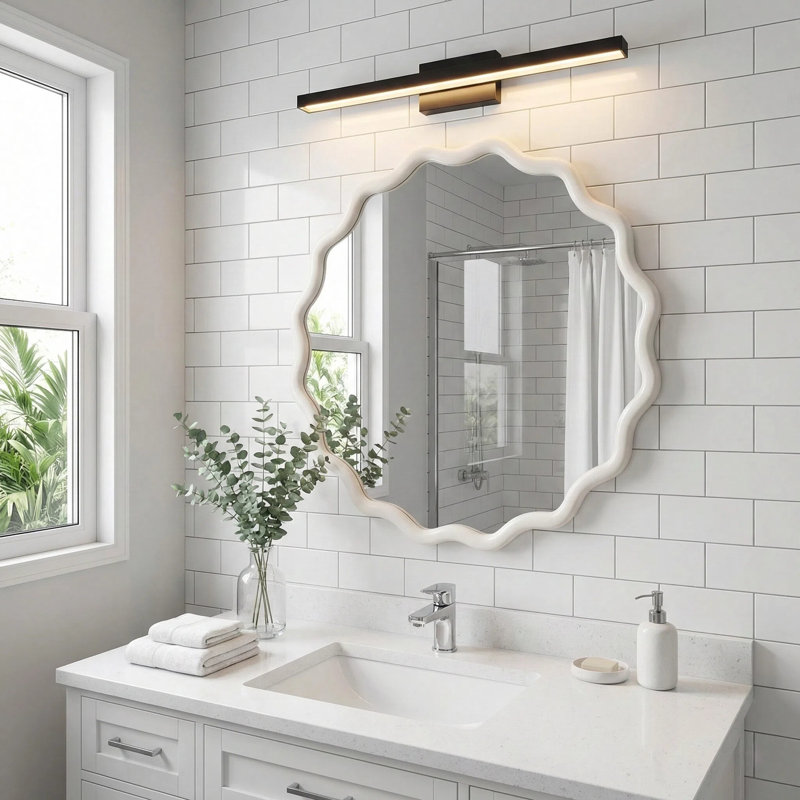 Miroir décoratif rond en bois massif Wavy, Brun jaune, 30 po x 30 po
