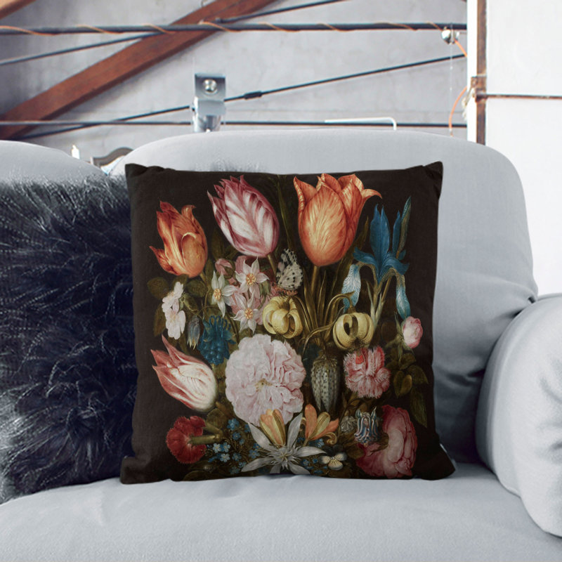 Still Life With Flowers Vol.5 Square Throw Cushion, Black, 40cm H x 40cm W x 15cm D
