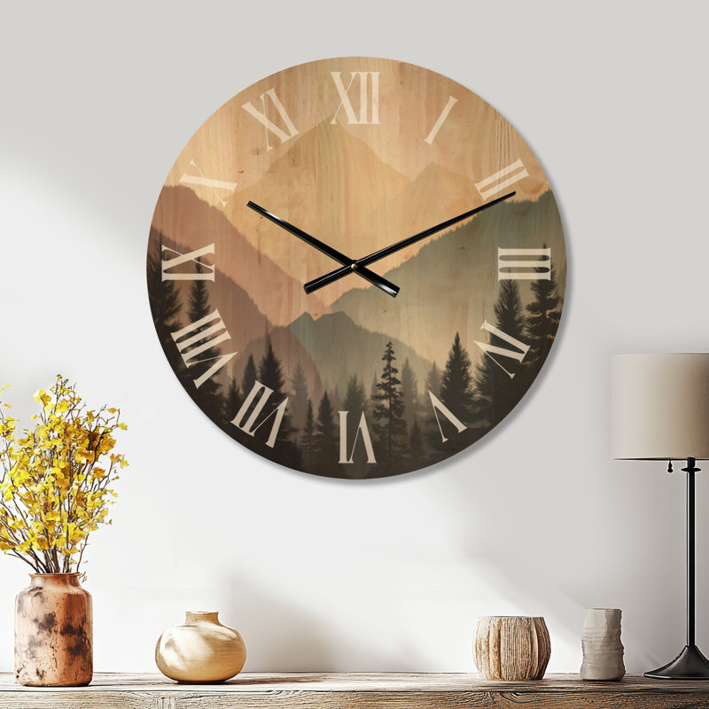 Horloge murale paysage en bois - Brume matinale sur les montagnes, Large
