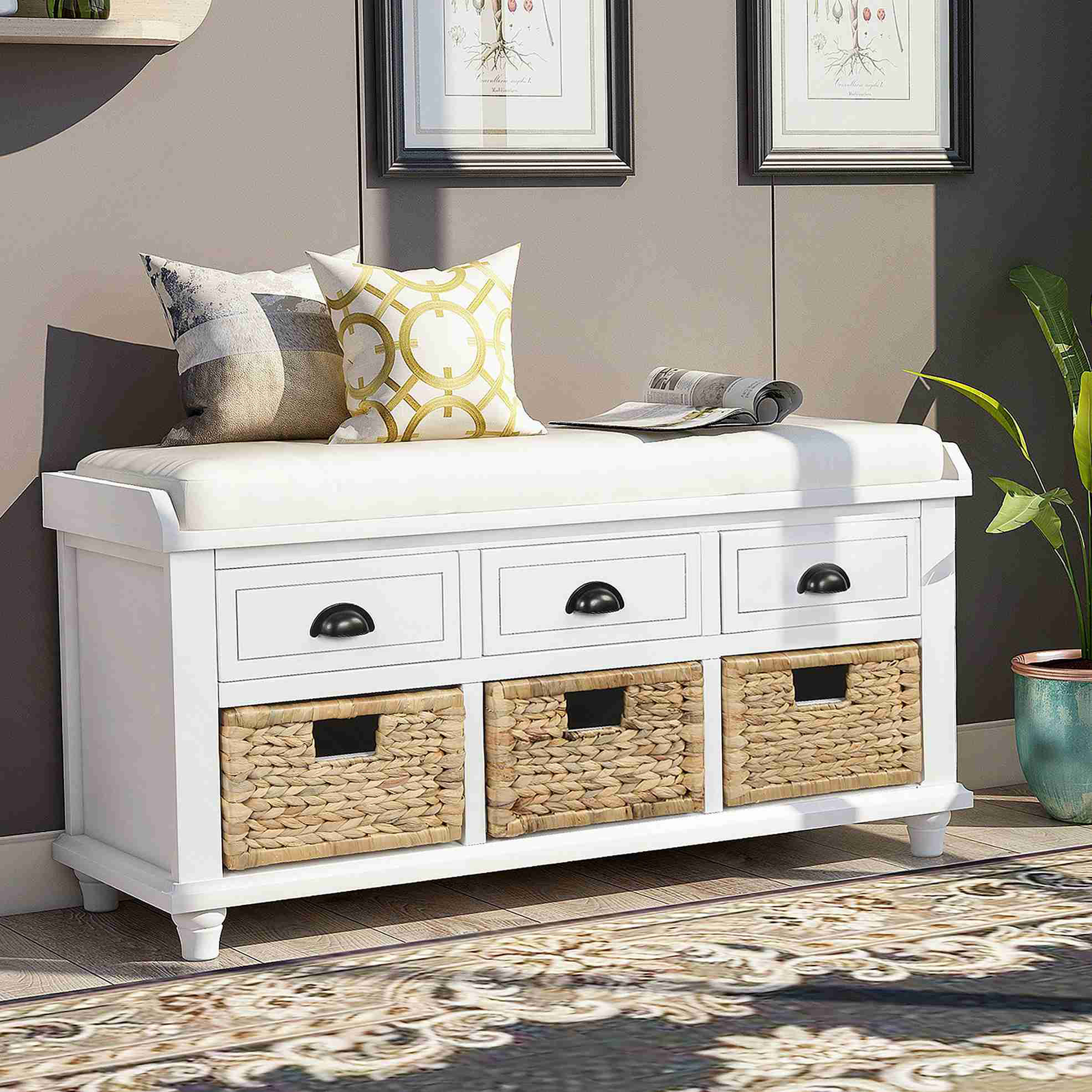 Canora Grey Rustic Storage Bench with 3 Drawers and 3 Rattan Baskets ...