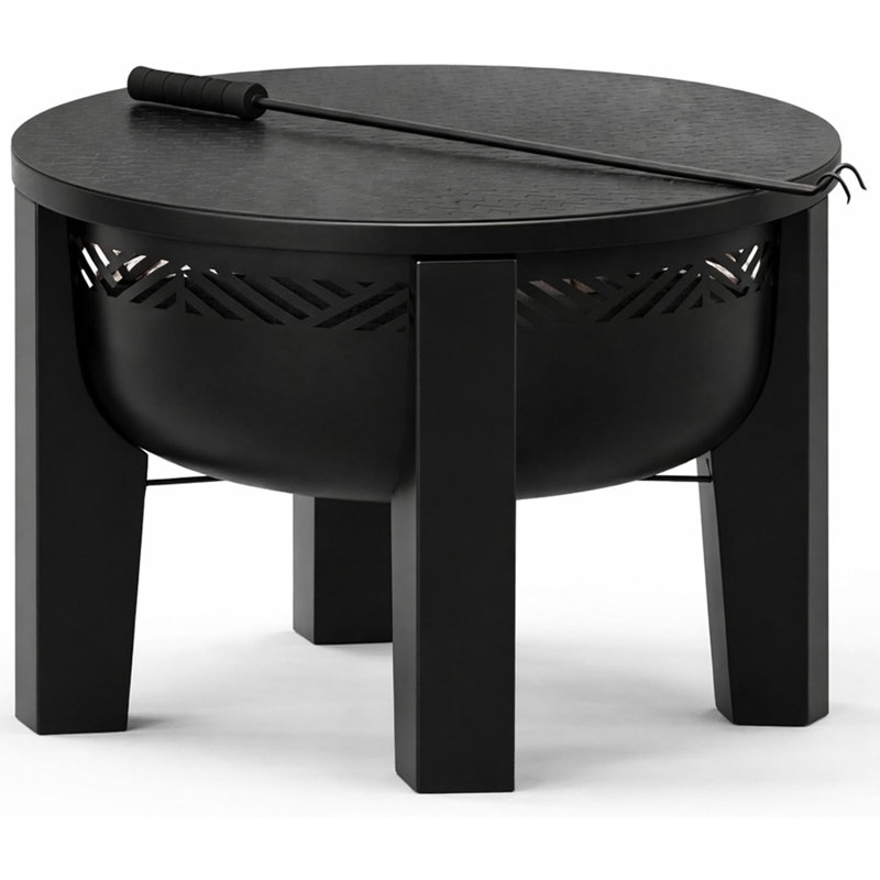 Wood Burning Fire Pit With Tabletop Lid – Modern Outdoor Metal Fire Pit Bowl For Patio & Backyard, Premium Heavy Duty Design With Multi-use Side Table, Decorative Outdoor Furniture