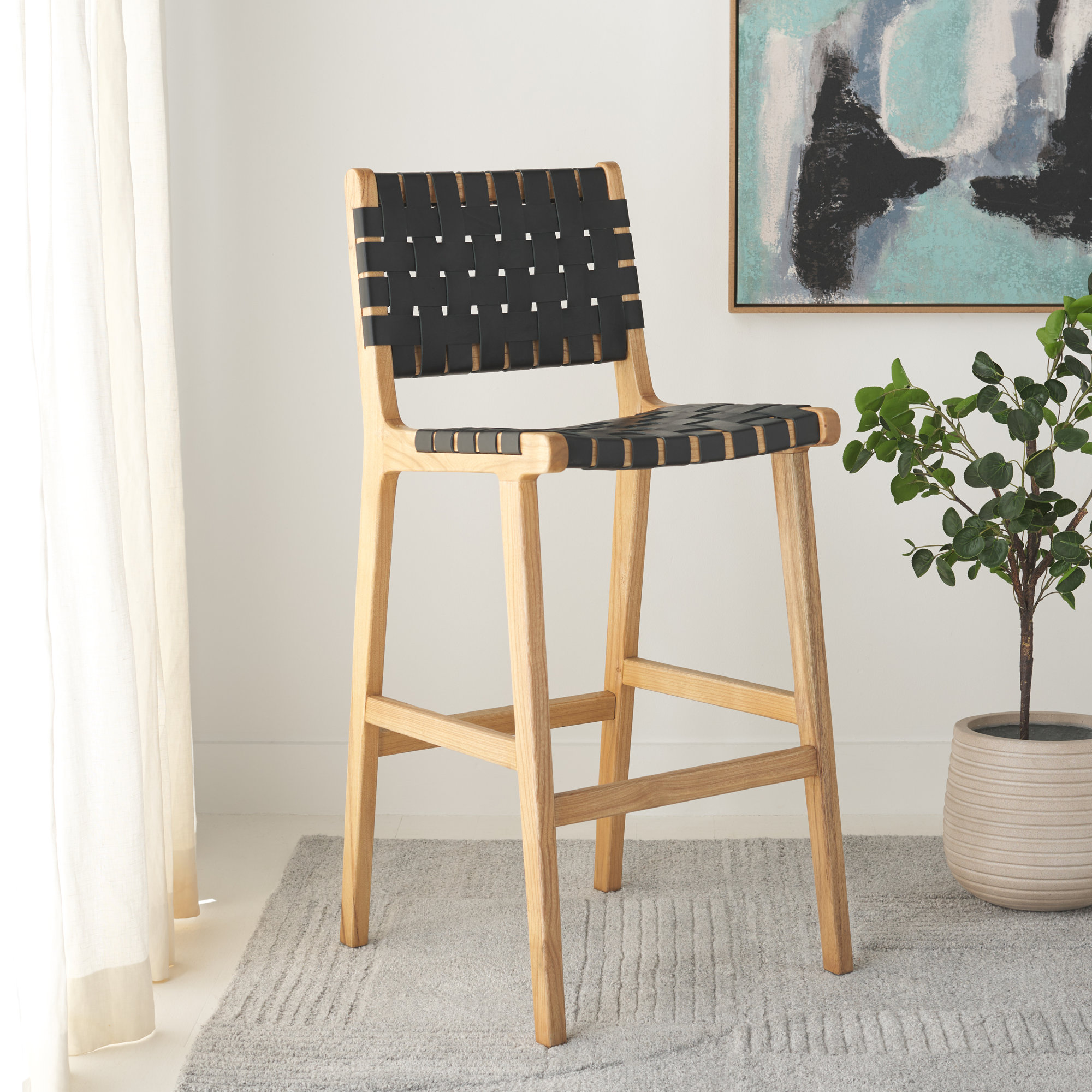 Alston Leather Stool, Bar Stool (29.70" Seat Height), Black Leather/Natural Frame