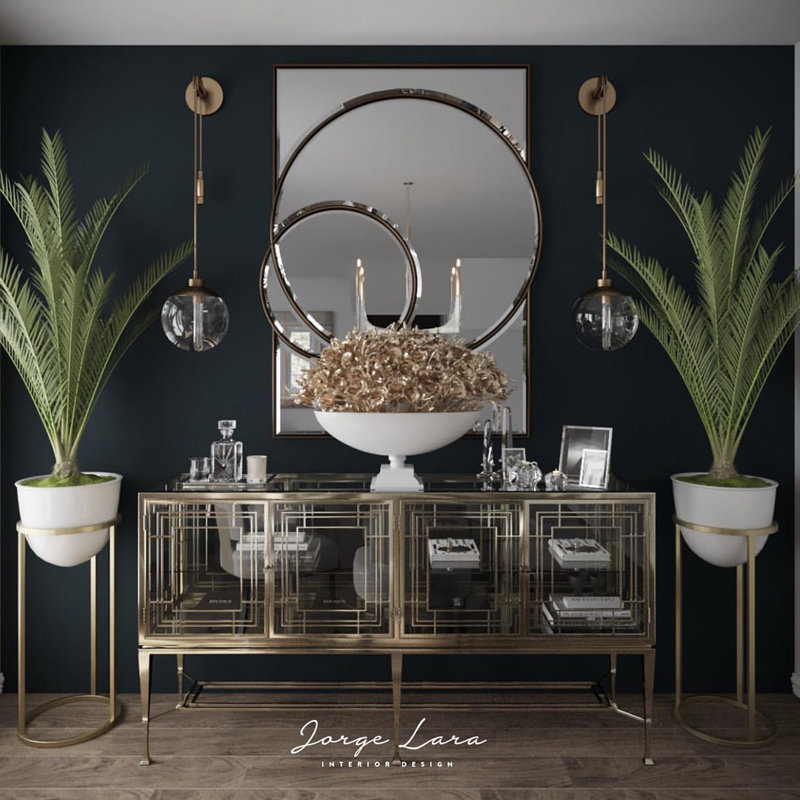 Gold and Clear Glass Transitional Sideboard with Mirrored Panels