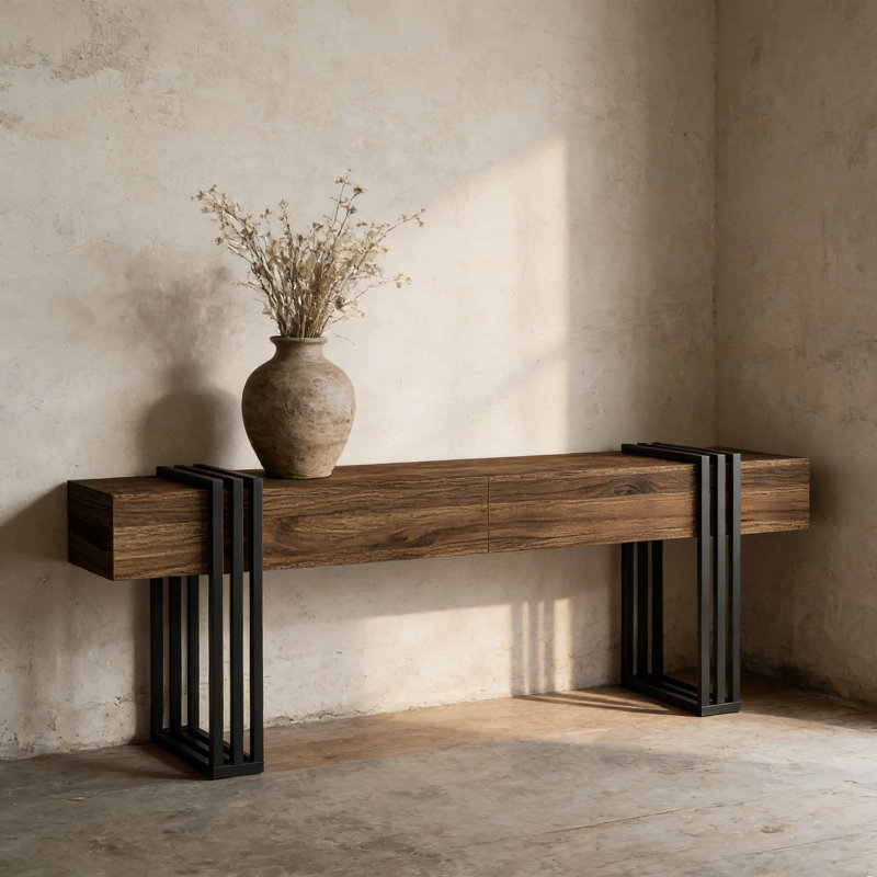 Console industrielle pour le vestibule et derrière le canapé industriel, table de canapé en bois rustique et en métal de 63 pouces avec structure en fer robuste et espace de rangement