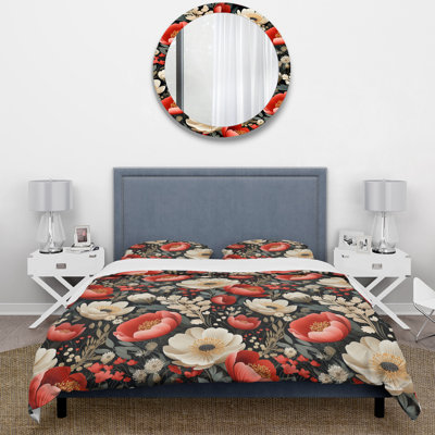 Ivory & Red Boho Chic Floral Pattern I - Ensemble de housse de couette à motif floral