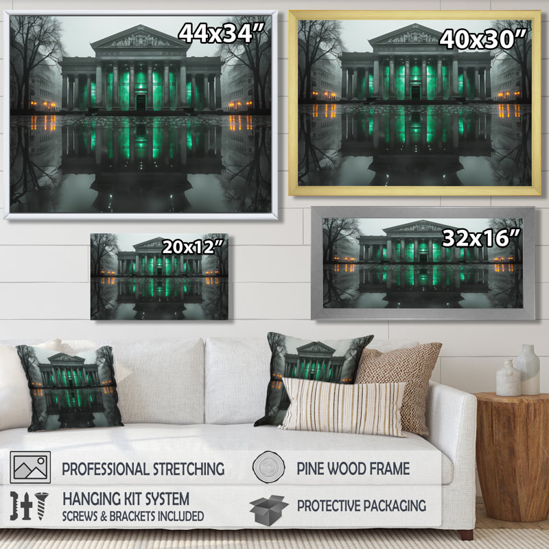 Décoration murale «Banques en hiver» - Banques vertes et grises, H 12 po x l 20 po x P 1 po, Cadre simple noir