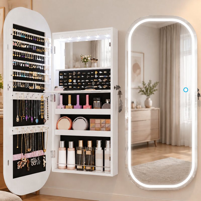 Armoire à bijoux avec miroir, organisateur de bijoux mural / porte, blanc