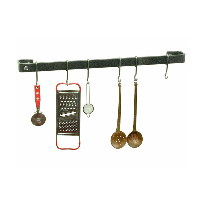 Handcrafted Wall Rack Utensil Bar with 12 Hooks, 3" H x 42" W x 3" D, Hammered Steel