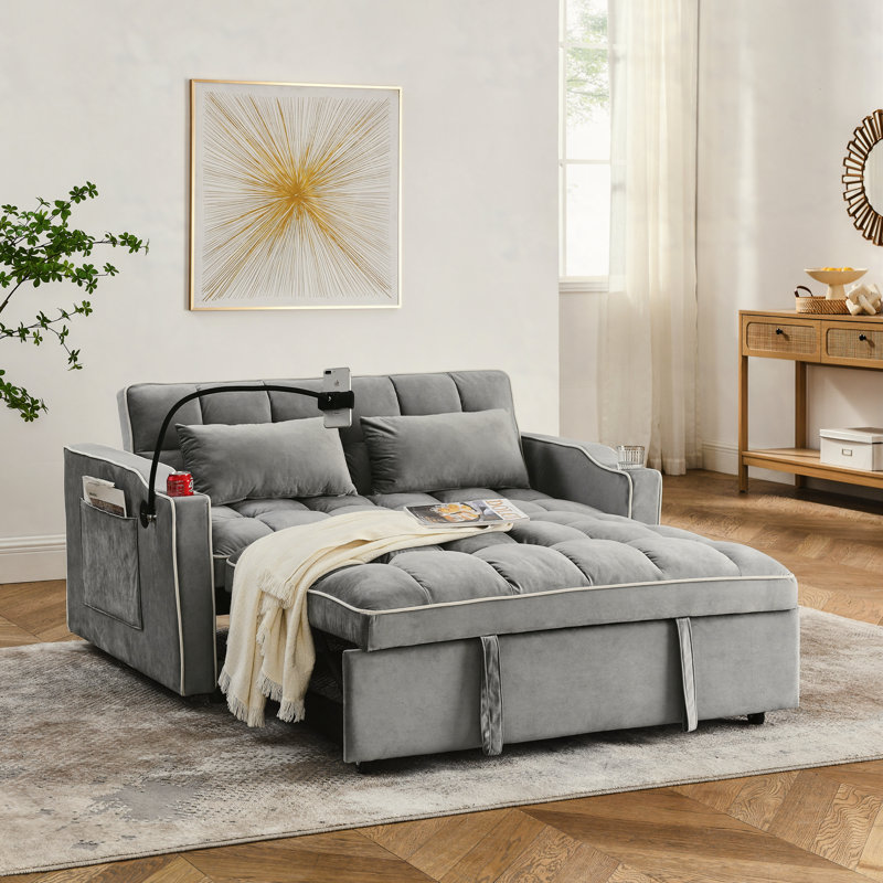 55.51 inch versatile foldable sofa bed in 3 lengths, modern sofa sofa sofa velvet pull-out bed, adjustable back and with USB port and ashtray and swivel phone stand