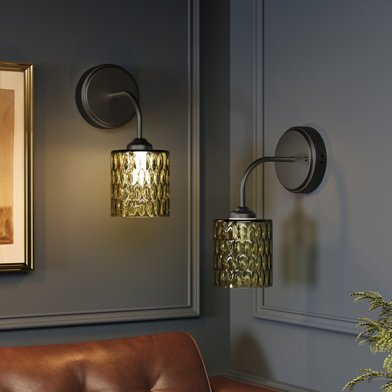 Ensemble de 2 appliques murales noires rechargeables avec abat-jour en verre texturé, lumières murales à DEL à intensité variable sans fil avec télécommande