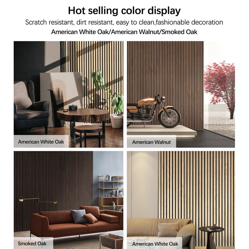 Ensemble de 4 panneaux muraux insonorisés décoratifs en bois véritable de 189 po x 25,2 po à lattes 3D (ensemble de 4), Beige