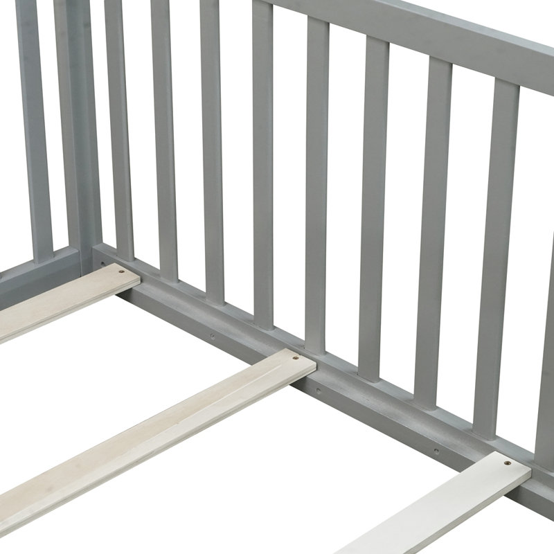 Lit simple en bois d'hévéa avec garde-corps de sécurité, Gris