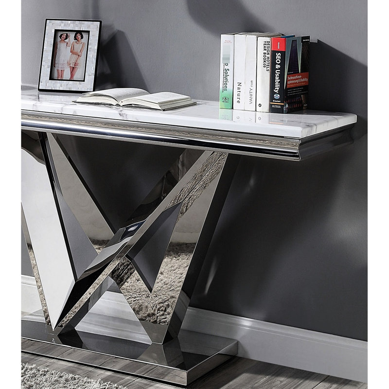 Table de style moderne 1Pc avec plateau en faux marbre biseauté de 18 mm, piédestal en forme de V en acier inoxydable, base rectangulaire, surface gérable au design élégant