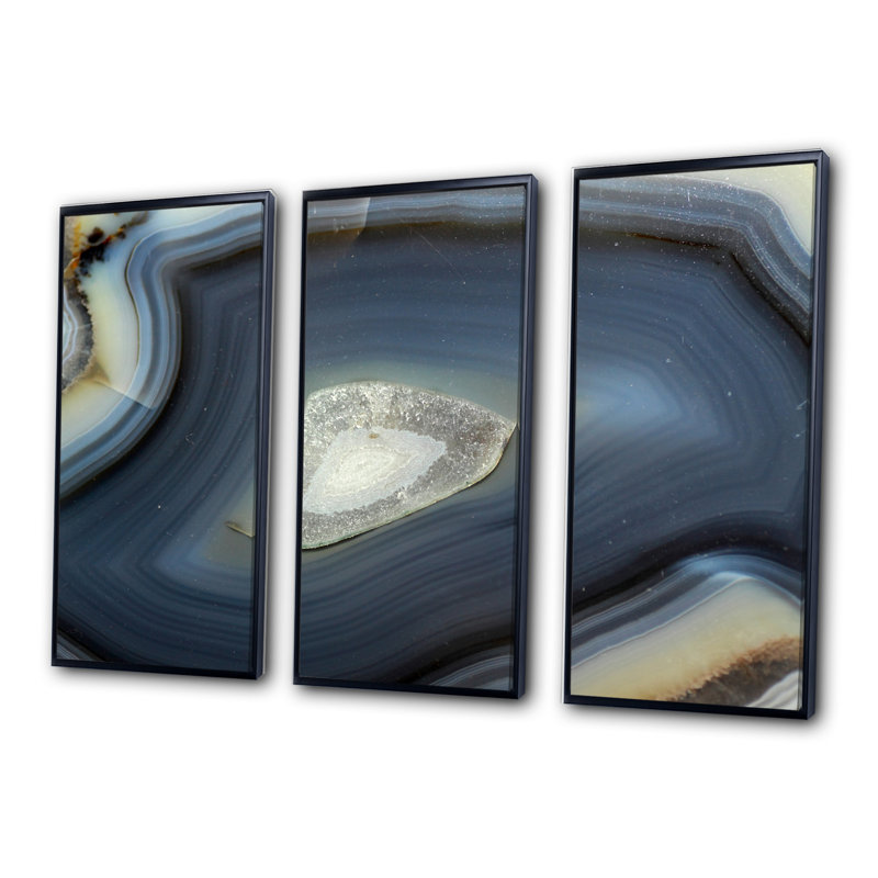 Transclucent Slice Natural Agate - ensemble de 3 toiles encadrées en pierre, Noir, H 28 po x l 36 po x P 1 po