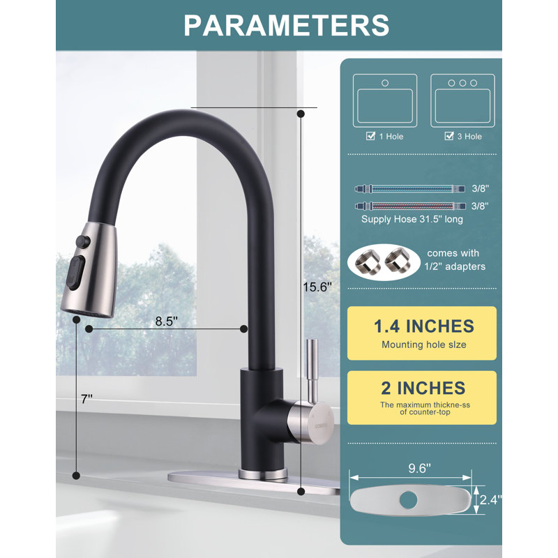 High Arc Pull Down Kitchen Faucet with Sprayer, Brushed Nickel and Black