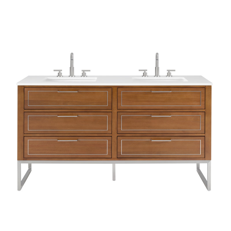 Markham 60'' W Double Vanity, Walnut, White Quartz, Brushed Nickel