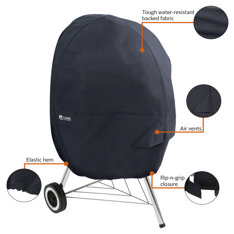 30" Black Water-Resistant Kettle Grill Cover with Chimney