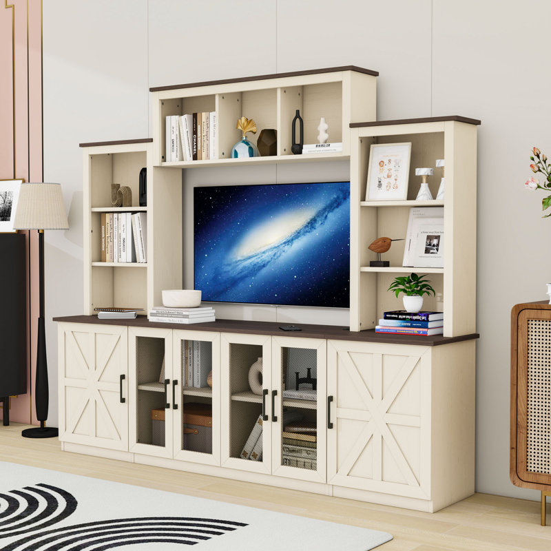 Wall Unit Entertainment Center with Charging Station & USB Ports, Open Shelves, Cabinets and Adjustable Shelves, Beige