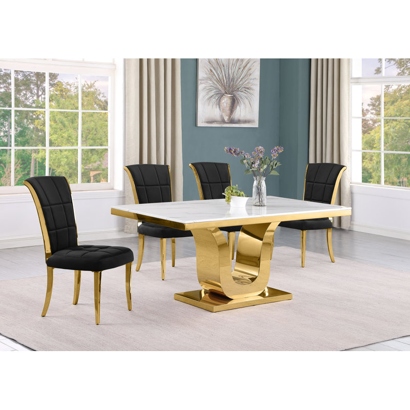 Bardem Marble Top Pedestal Dining Set, 5 Piece, Black