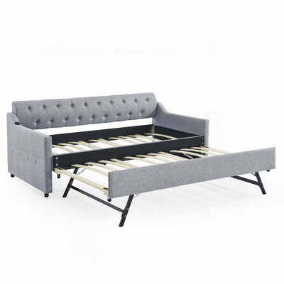 Upholstery DayBed with Twin Size Erectable Trundle and USB Charging Design