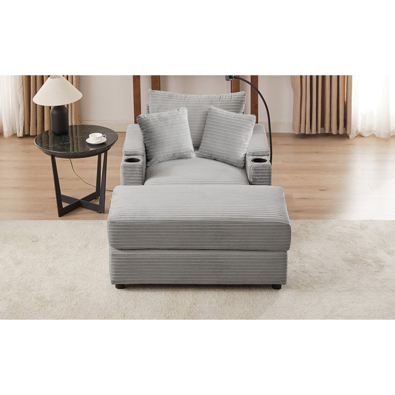 Canapé simple de 41,7 po de style moderne avec espace de rangement, repose-pieds mobile, deux ports USB, deux porte-gobelets et un support pour téléphone dans le salon