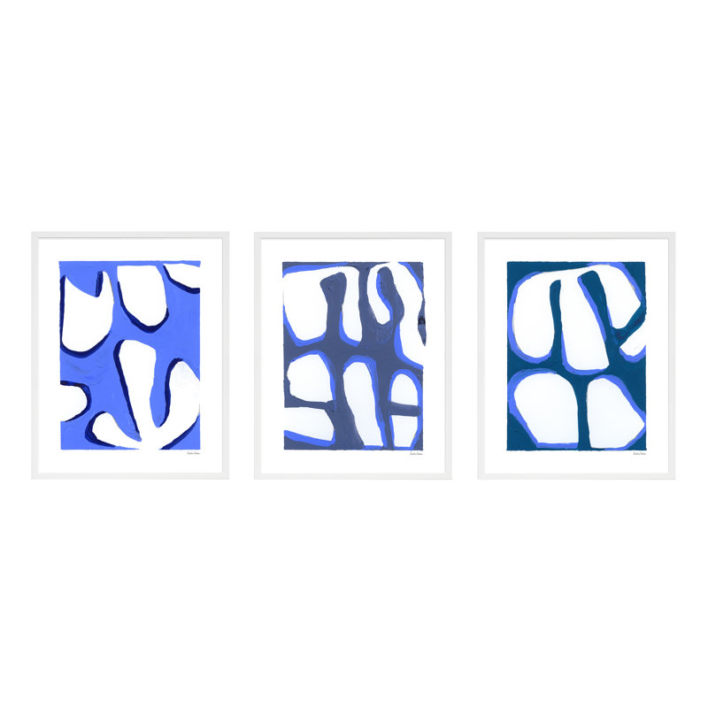 Contemporary Blues Trio 2. Set Of 3 Painting by Andrea Stokes, 20" H x 16" W x 1.25" D, White Wood