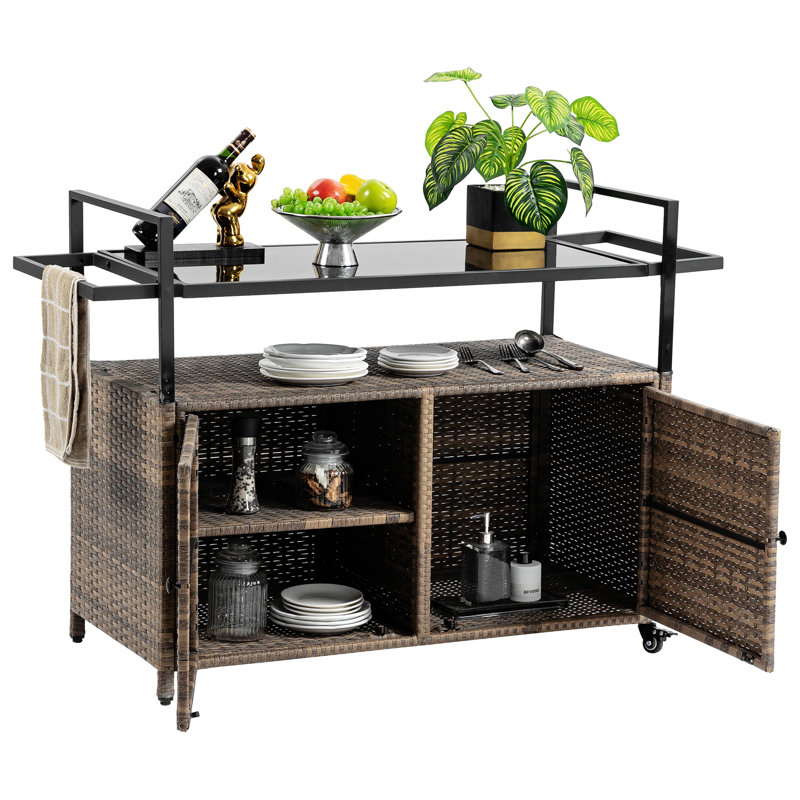 Wicker/Rattan Outdoor Portable Bar Cart, Light Brown