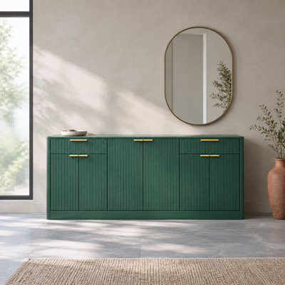 67.34" Fluted Buffet Sideboard, Modern Storage Cabinet with 6 Doors & 2 Drawers, Large Credenza for Dining Room, Living Room, Entryway, Dark Green