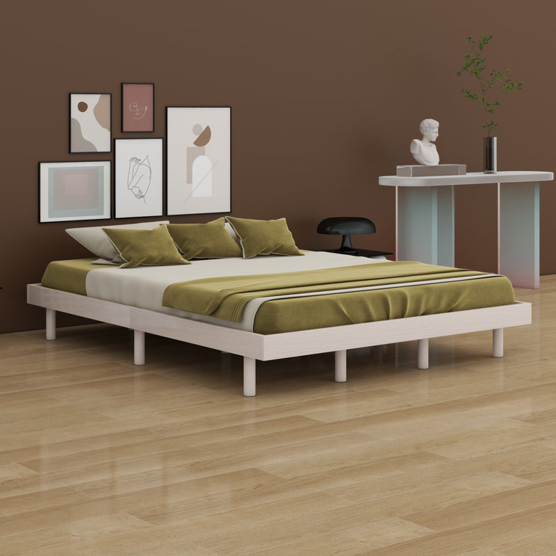 Modern Design Floating Platform Bed Frame, White Washed, Queen