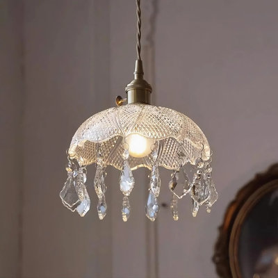 Clear Grid Glass Pendant Light With Crystal Deco