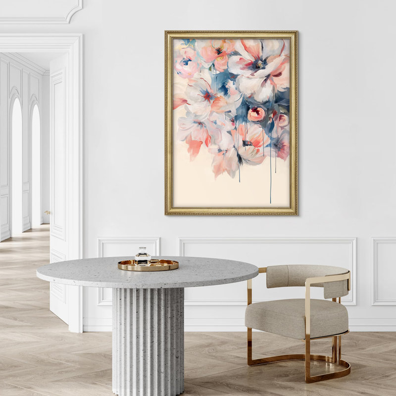Douce aquarelle florale, fleurs délicates dans des tons pastel, décoration encadrée dorée, Non
