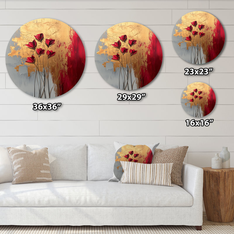 Fleurs roses et dorées, forme pure de marbre I - coquelicot rond, art mural en métal, H 36 po x l 36 po