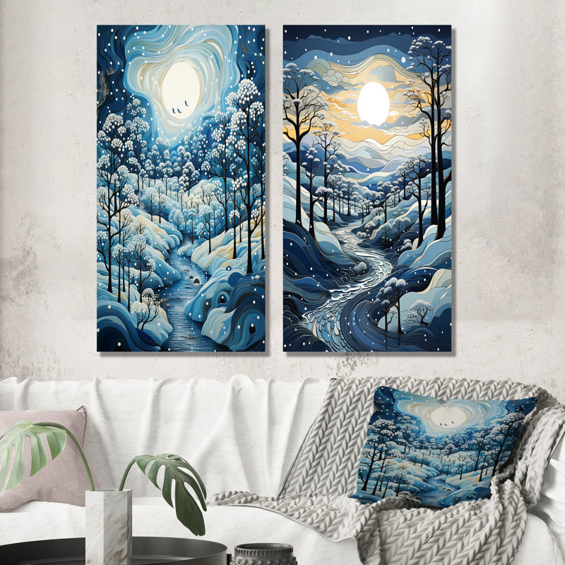 «Blue and White Path Into Winter Forest I - Forest Winter», ensemble d'art mural sur toile, Toile tendue, H 32 po x l 33 po