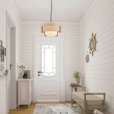 4-Light Boho Farmhouse Chandelier, Hand Woven Rattan Drum Pendant Light with Fabric Shade