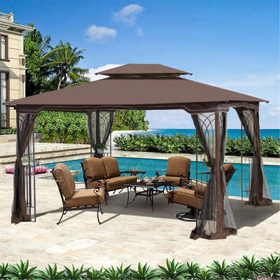 13x10 Outdoor Gazebo Canopy For Garden With Double Roof And Mesh - Brown Patio Strong Frame Screen