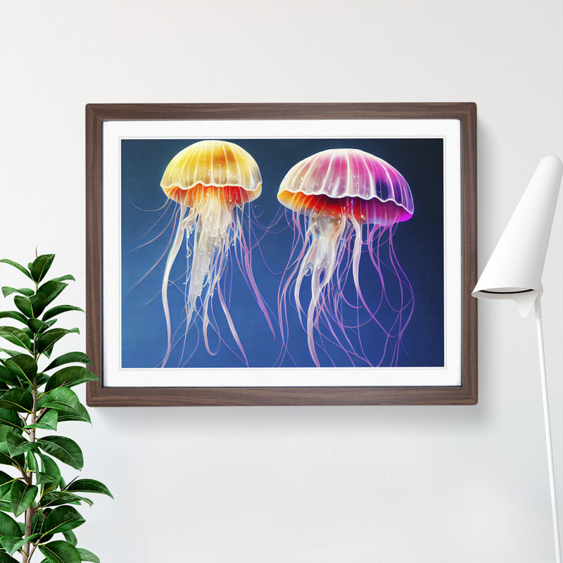 Jellyfish - Single Picture Frame Print, 25cm H x 34cm W x 2cm D, Walnut