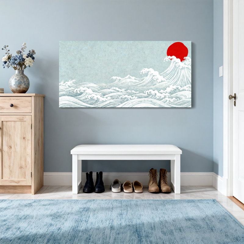 Motif de vagues nautiques et de plage avec soleil rouge et ciel bleu, H 16 po x l 32 po