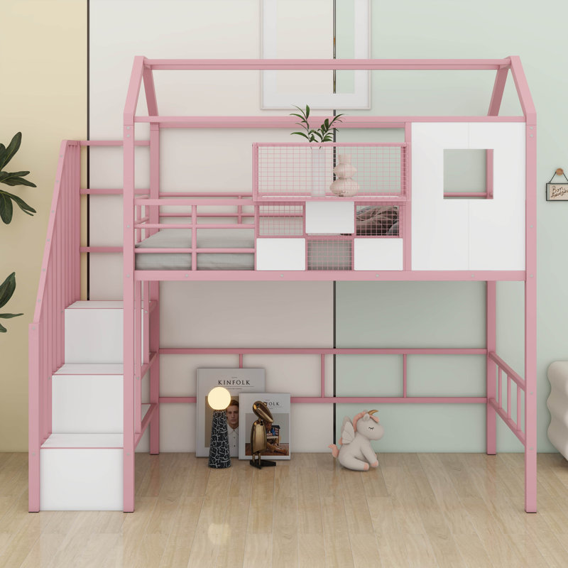 Lit mezzanine simple en métal avec toit et boîte de rangement, Rose