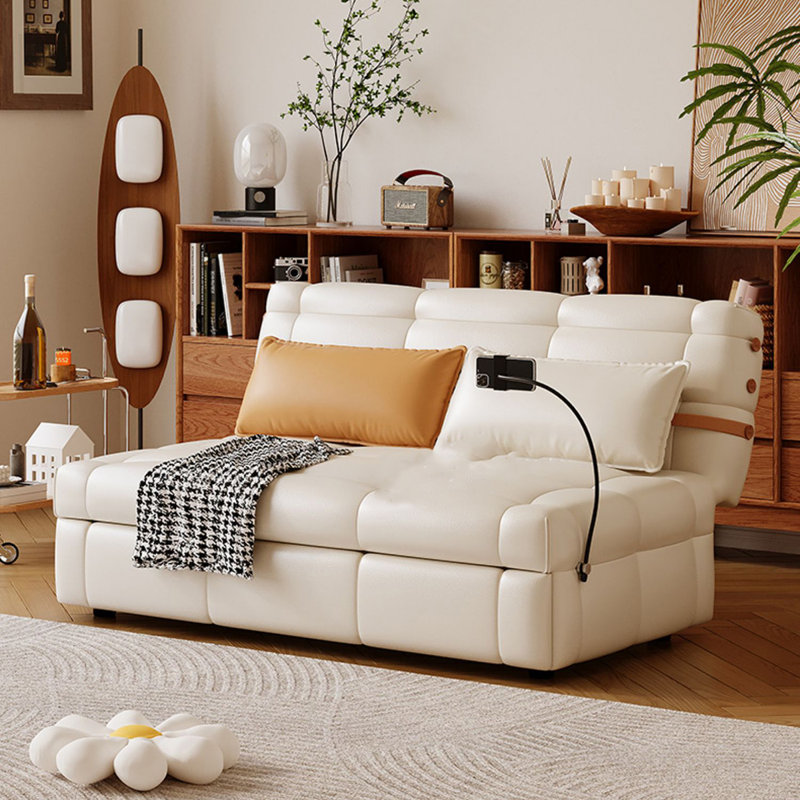 Canapé-lit blanc en cuir griffé avec coussins, H 37,4 po x l 62,2 po x P 33,46 po