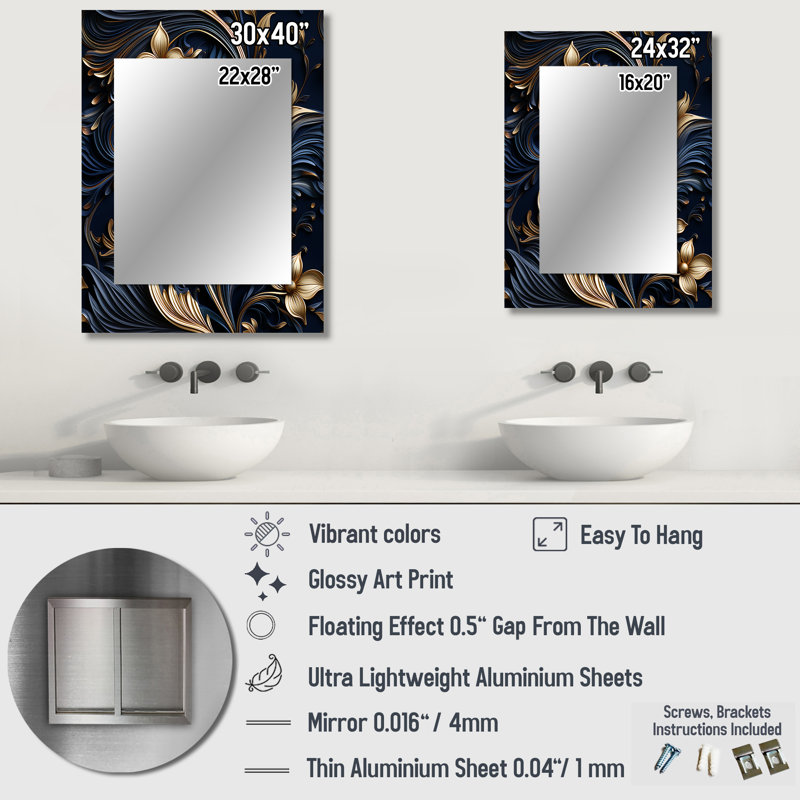 Opulent Allure Deep Navy - grand miroir damassé, miroir mural décoratif Boho, impression d'art en métal, 32 po x 24 po