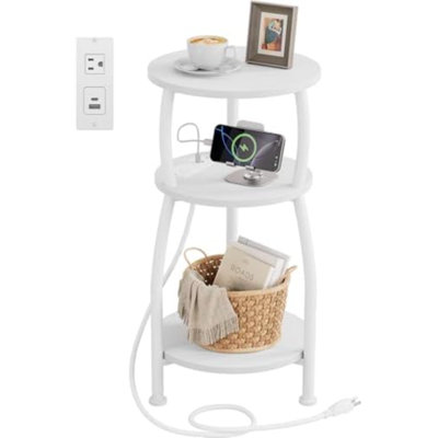 Table d'appoint ronde avec station de charge, table de chevet à petits espaces | Table de bout à 3 niveaux à côté du canapé, ports de type C et USB, petite table d'appoint pour salon, chambre à coucher, dortoir, blanc