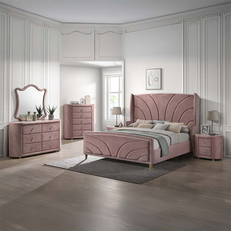 Commode 6 tiroirs Salonia, velours rose