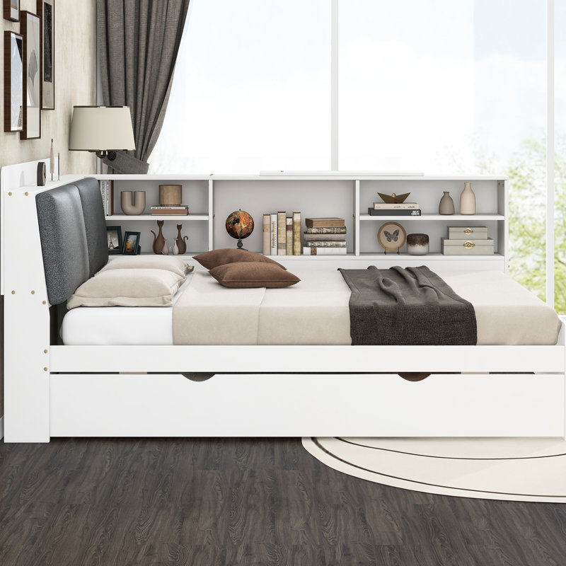 Lit plateforme double en bois pleine grandeur blanc avec lit gigogne, rangement pour tête de lit et tablettes supplémentaires - tablettes polyvalentes pour maximiser l'espace de rangement