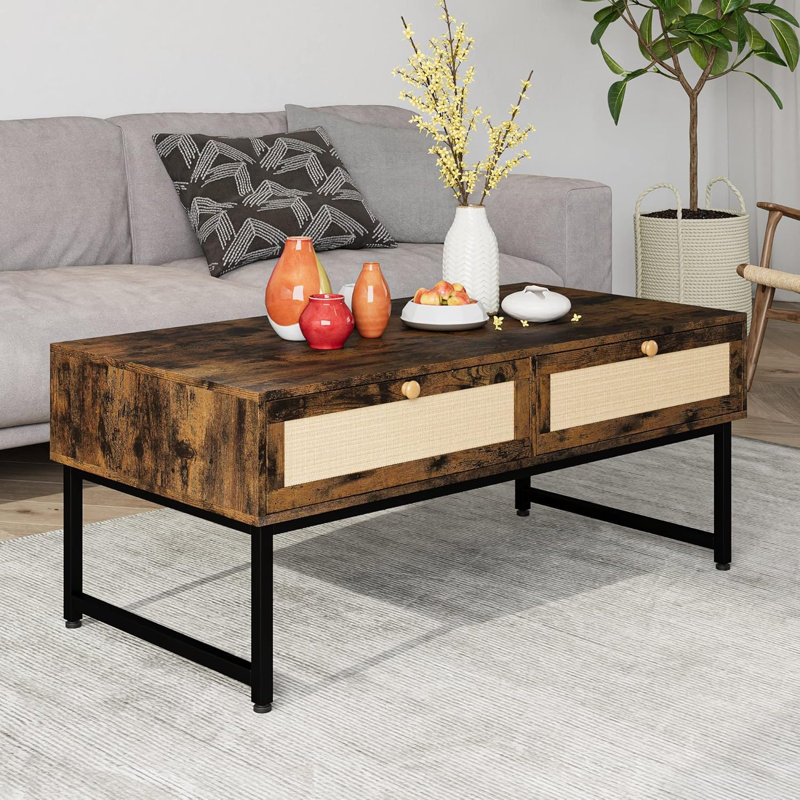 Table basse multifonctionnelle en rotin, Brun, Noir, noir, noir, noir