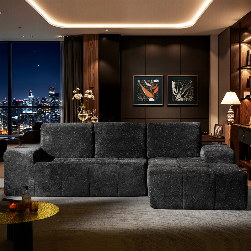 Nathasa 114" Upholstered Boneless Compression Sectional with Soft Starry Fabric, Convertible Sofa Bed for Living Room, Home Theater