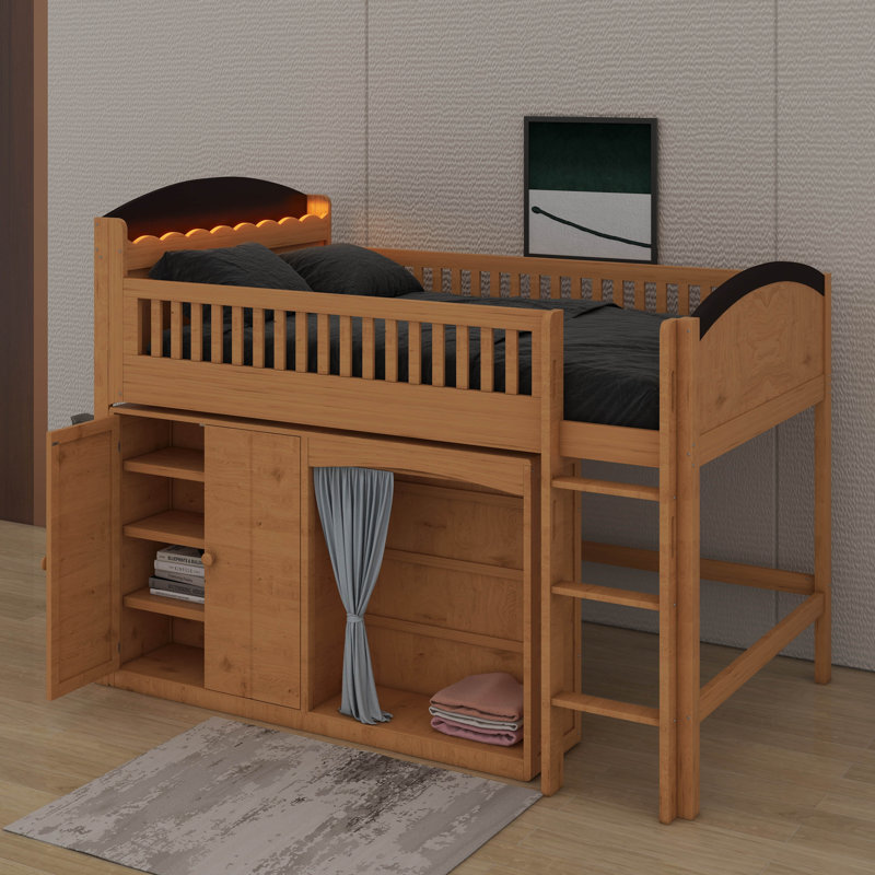 Lit mezzanine bas avec garde-robe, tablettes et armoire, lit mezzanine en bois massif avec rangement pour tête de lit et éclairage à DEL, cadre de lit maisonnette