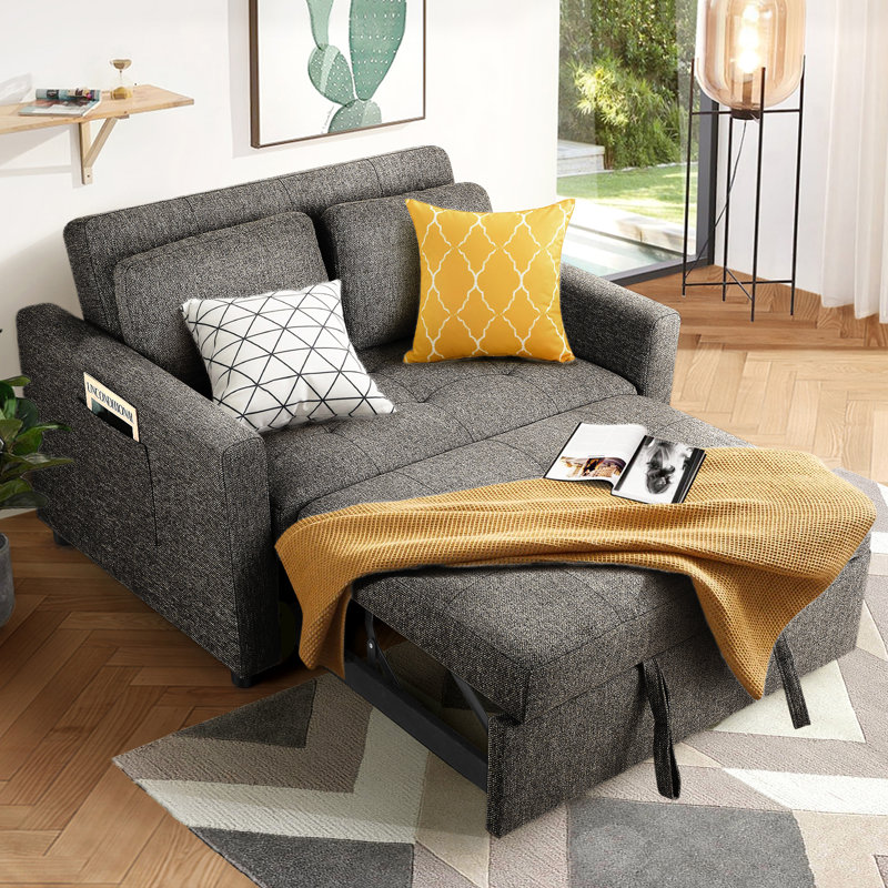 Vadims Upholstered 48.5'' Reclining Sleeper Sofa, Black Linen